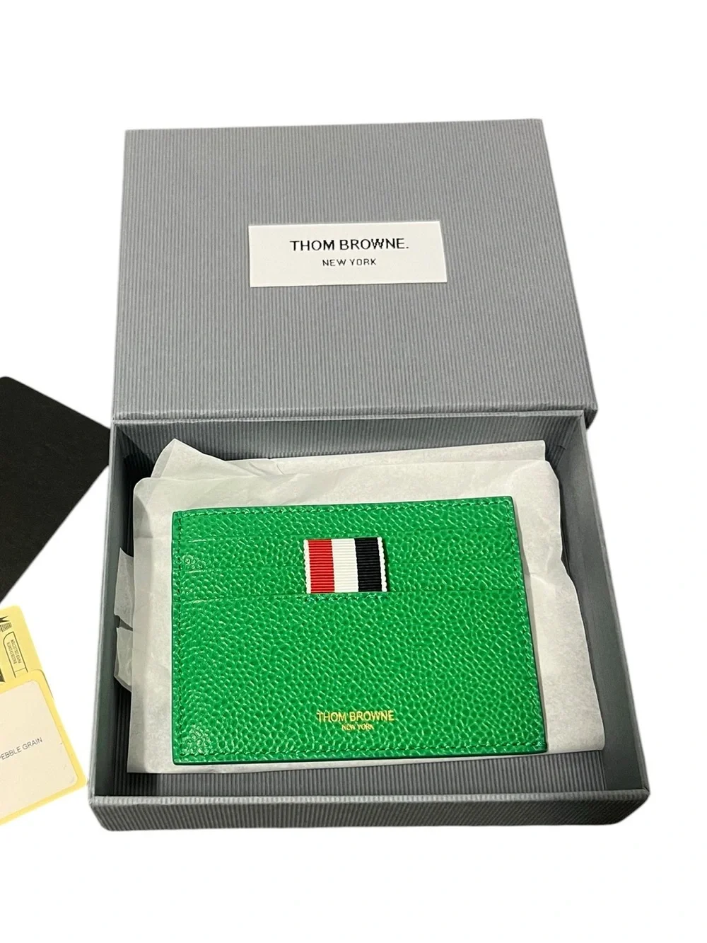 Thom Browne Green Pebbled Leather Card Sleeve with Red White Black Stripe